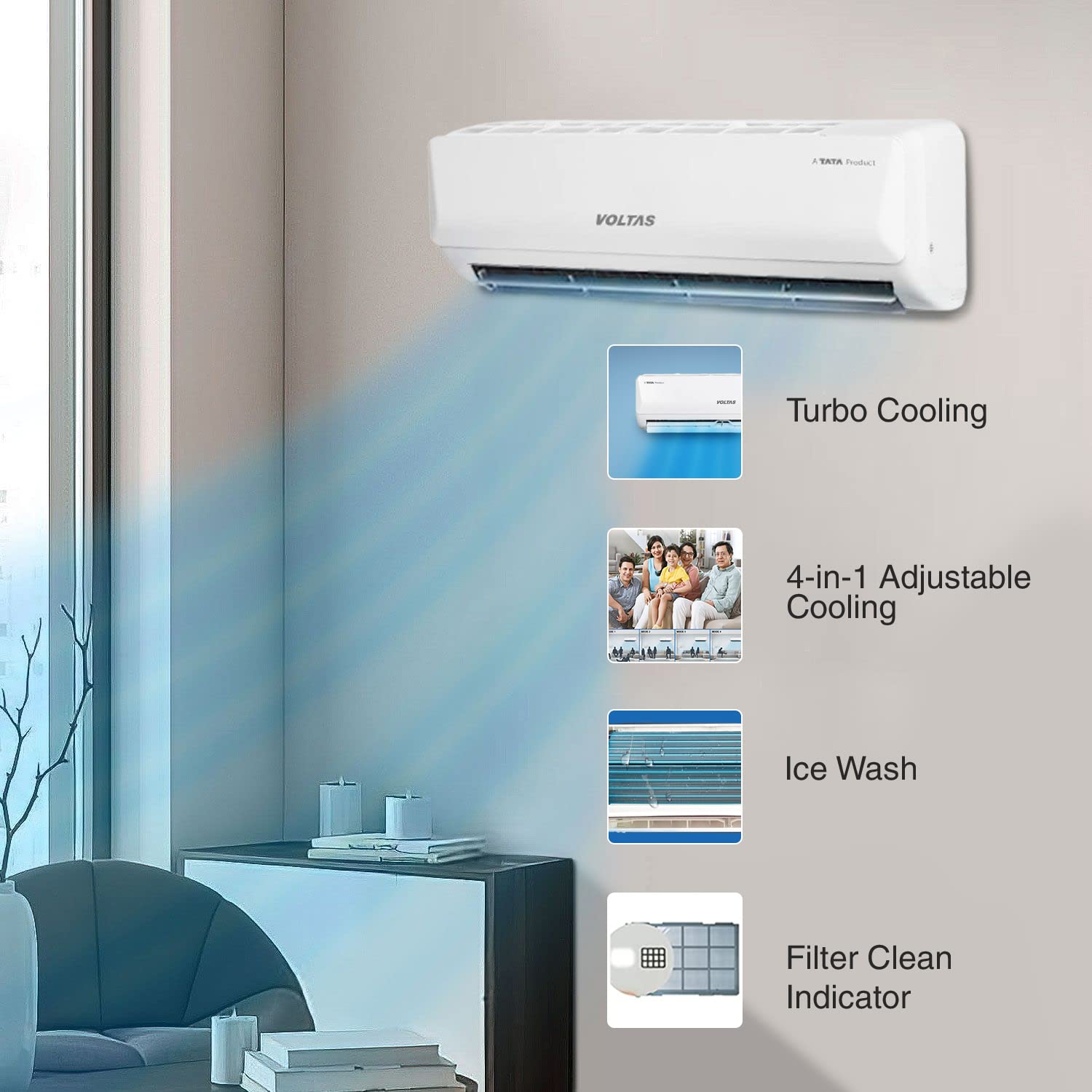 Voltas 1.5 Ton 3 Star, Inverter Split AC(Copper, 5-in-1 Adjustable Mode, Anti-dust Filter, 2023 Model, 183V Vertis Emerald, White) - ATC Electronics