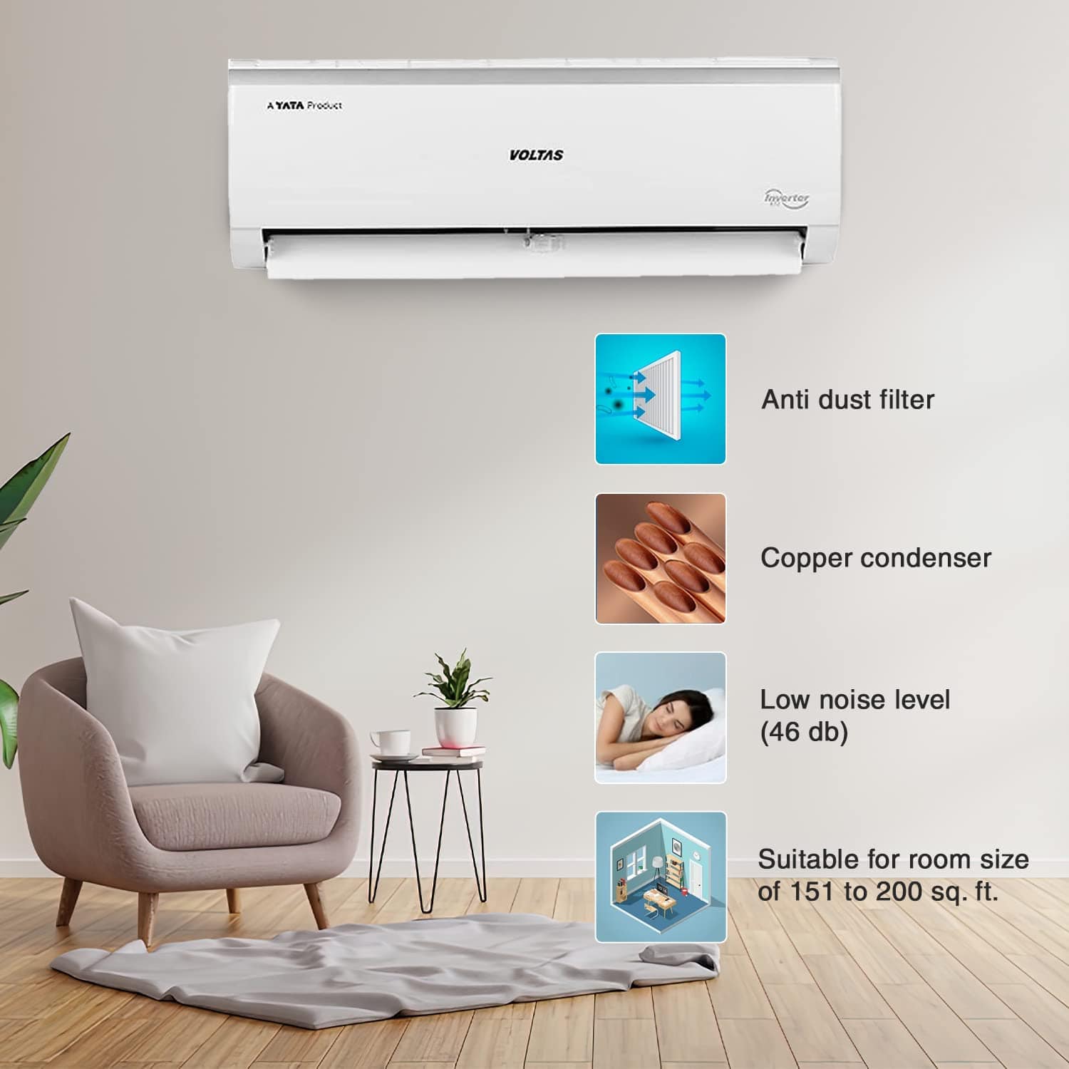 Voltas 2 Ton 3 Star, Inverter Split AC(Copper, 4-in-1 Adjustable Mode, Anti-dust Filter, 2023 Model, 243V Vectra Elite, White) - ATC Electronics