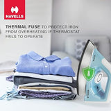 Havells ABS Hawk 1100 Watt Heavy Weight Dry Iron With American Heritage Non Stick Sole Plate, Aerodynamic Design, Easy Grip Temperature Knob & 2 Years Warranty. (Blue & White), 1100 Watts - A