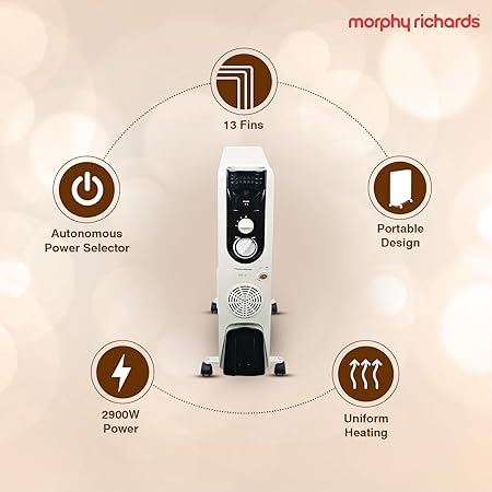 Morphy Richards OFR Room Heater, 13 Fin 2500 Watts Oil Filled Room Heater with 400W PTC Ceramic Fan Heater, ISI Approved (OFR 13F White/Black) - ATC Electronics