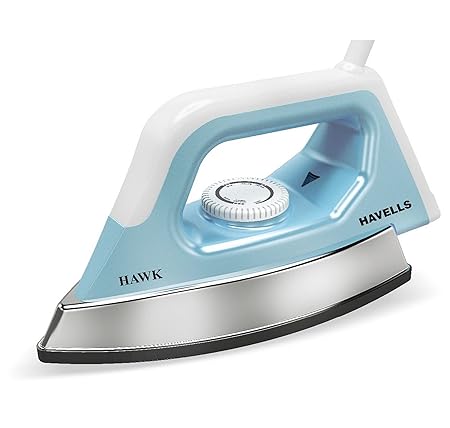 Havells ABS Hawk 1100 Watt Heavy Weight Dry Iron With American Heritage Non Stick Sole Plate, Aerodynamic Design, Easy Grip Temperature Knob & 2 Years Warranty. (Blue & White), 1100 Watts - A