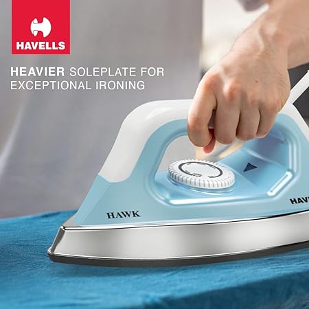 Havells ABS Hawk 1100 Watt Heavy Weight Dry Iron With American Heritage Non Stick Sole Plate, Aerodynamic Design, Easy Grip Temperature Knob & 2 Years Warranty. (Blue & White), 1100 Watts - A