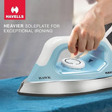 Havells ABS Hawk 1100 Watt Heavy Weight Dry Iron With American Heritage Non Stick Sole Plate, Aerodynamic Design, Easy Grip Temperature Knob & 2 Years Warranty. (Blue & White), 1100 Watts - A
