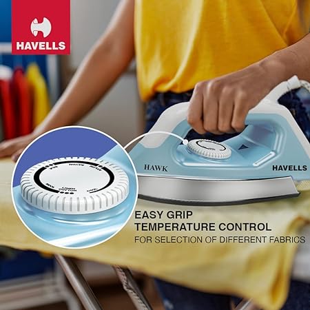 Havells ABS Hawk 1100 Watt Heavy Weight Dry Iron With American Heritage Non Stick Sole Plate, Aerodynamic Design, Easy Grip Temperature Knob & 2 Years Warranty. (Blue & White), 1100 Watts - A