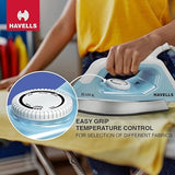 Havells ABS Hawk 1100 Watt Heavy Weight Dry Iron With American Heritage Non Stick Sole Plate, Aerodynamic Design, Easy Grip Temperature Knob & 2 Years Warranty. (Blue & White), 1100 Watts - A