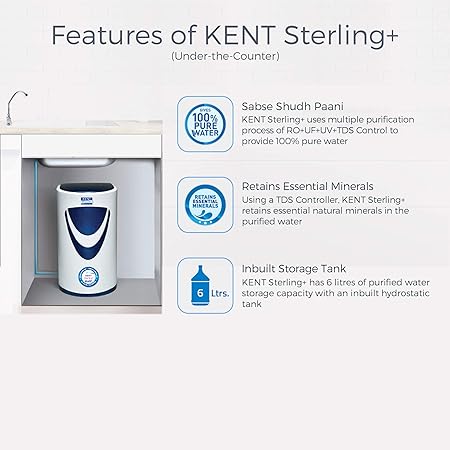 Kent Sterling Plus RO+UV+UF+TDS Cont. Under The Sink RO Water Purifier, 6 Liter (White & Blue) - ATC Electronics