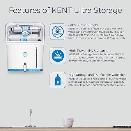 KENT Ultra Storage UV Water Purifier (11042) | UV+UF Water Purification | Wall Mountable | 8L Storag (Not Suitable for Borewell or tanker water) - ATC Electronics