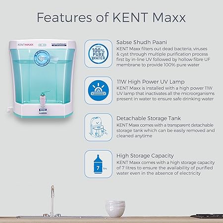 KENT Max UV Water Purifier (11013) | UV+UF Water Purification | Wall Mountable| Transparent Detachable Storage Tank | 7L Storage | 60 L/hr Output | White - ATC Electronics