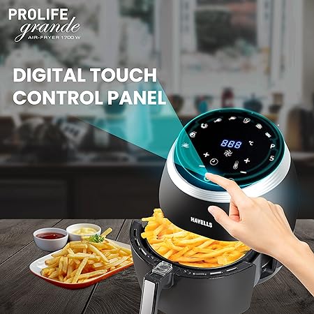 Havells Grande Air Fryer with Aero Crisp Technology, 6.5 Litre Large Pan Capacity, 10 Pre- Set Menu, Touch Screen, Digital Display   & 2 Year Warranty, 6.5 liter, Black - ATC Electronics