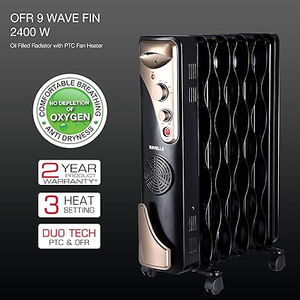 Havells OFR 9 Wave Fin with PTC 2400 Watts Fan Heater (Black) - ATC Electronics