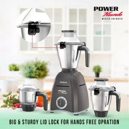 HAVELLS Power Hunk 800 Mixer Grinder (3 Jars, Grey) - ATC Electronics