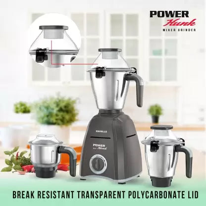 HAVELLS Power Hunk 800 Mixer Grinder (3 Jars, Grey) - ATC Electronics