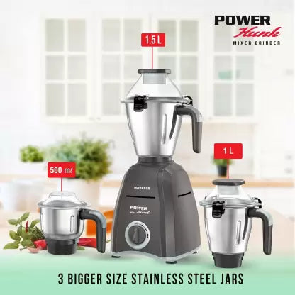 HAVELLS Power Hunk 800 Mixer Grinder (3 Jars, Grey) - ATC Electronics