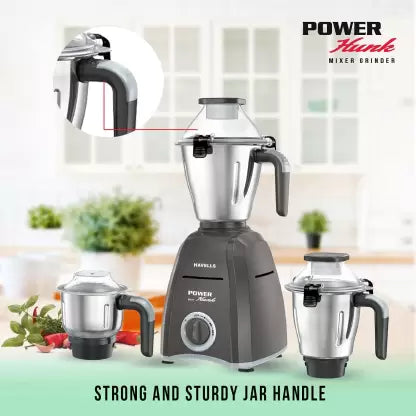 HAVELLS Power Hunk 800 Mixer Grinder (3 Jars, Grey) - ATC Electronics